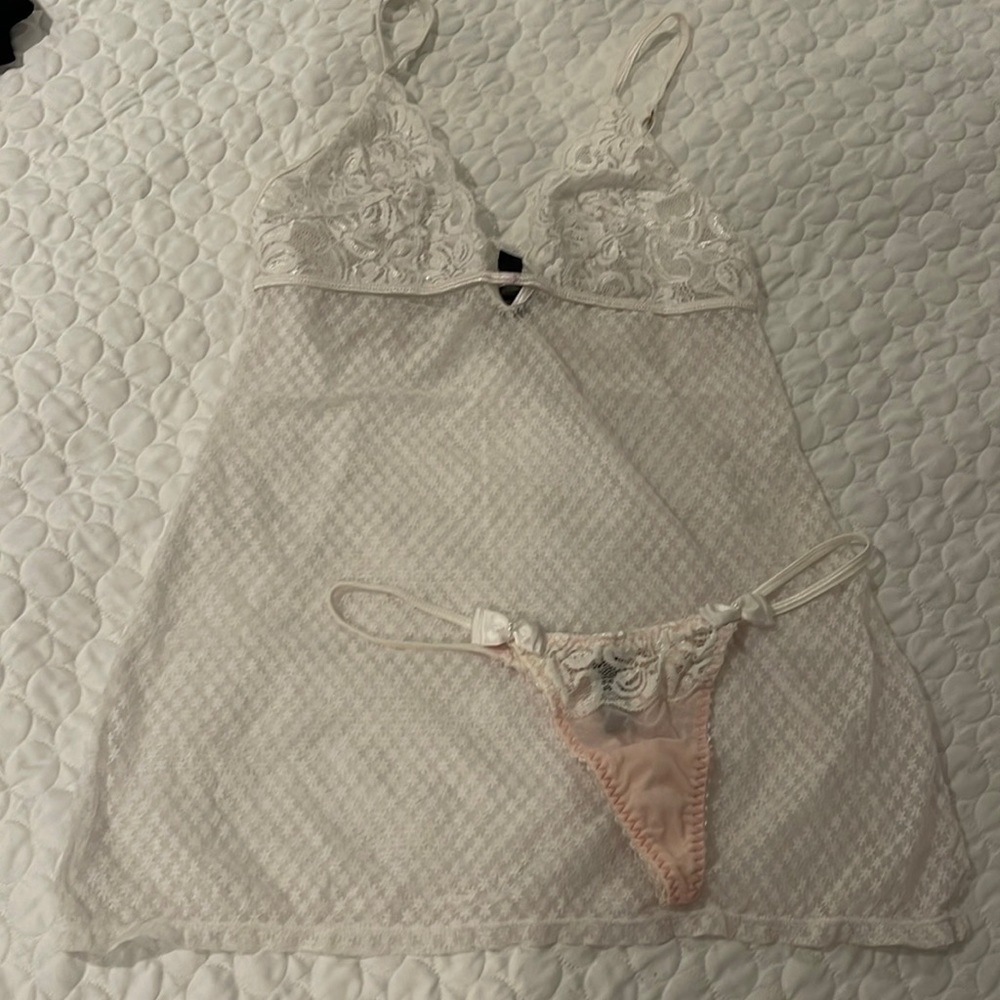 Baci lingerie size small white lace babydoll with thong set lace underwear bow
